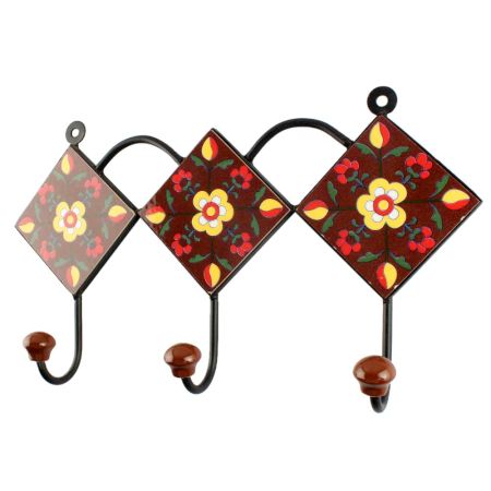 Brown Floral Ceramic Tile Wall Hook